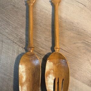 Vintage African Hand Carved Wood Elephant Salad Serving  Set 12” Spoon & Fork